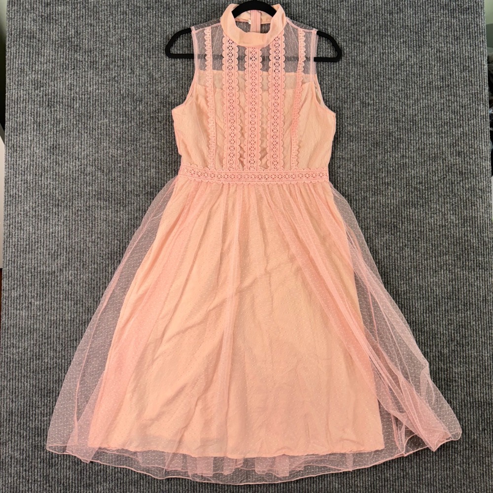 Pink‎ Lace Tulle Midi Dress Womens M Mock Neck Sleeveless Romantic Fairycore
